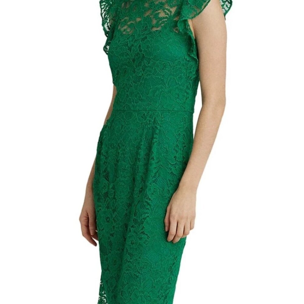 NWT Lauren Ralph Lauren Floral Lace Dress | Scarab Green Slim Fit w/ Flutter